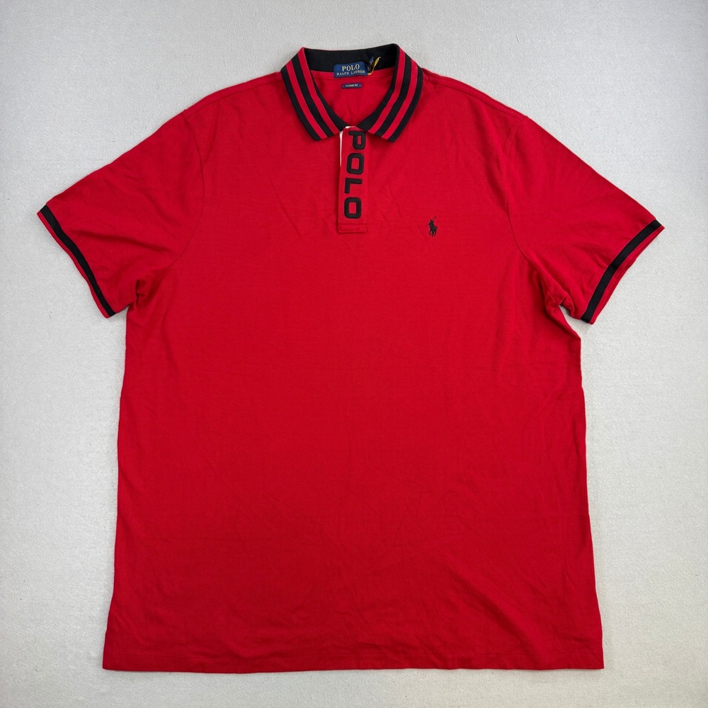 Polo Ralph Lauren Polo Shirt Men 2XL Red Striped Collar Spell Out Classic Preppy
